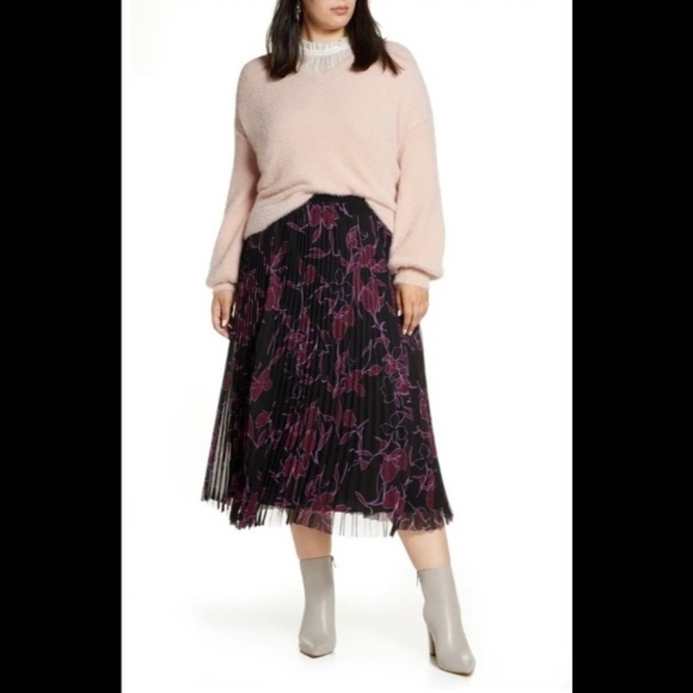 Halogen Navy and Purple Floral Print Pleated Plus Size Midi Skirt, 1X